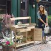 Outsunny Potting Bench Table Natural Wood with Storage Cabinet Open Shelf Steel Tabletop Garden Station